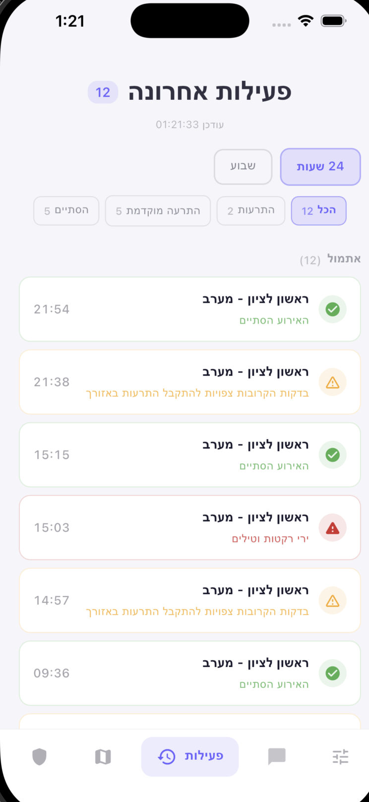 מסך פעילות והיסטוריית התרעות